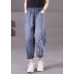 Plus Size Blue Elastic Waist Pockets Patchwork Applique Cotton Denim Harem Pants Summer