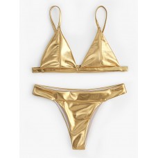 Women Triangle Bronzing Solid Color Thong Bikini