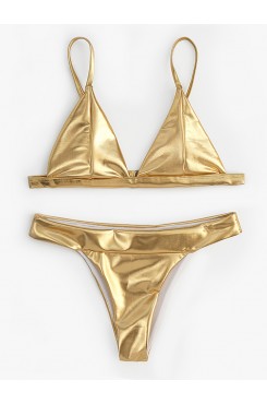 Women Triangle Bronzing Solid Color Thong Bikini