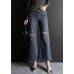 Fashion Blue High Waist Hole Pockets Cotton Denim Flare Pants Summer