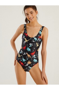 Women Cartoon Dinosaur Print Open Back One Piece Beach Swimwear
