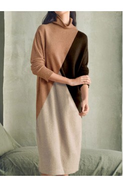 High neck contrasting color patchwork knitted long sleeved woolen dress HF3108-02-04
