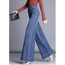 Beautiful Denim Blue High Waist Pockets Patchwork Cotton Wide Leg Pants Fall