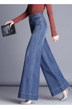 Beautiful Denim Blue High Waist Pockets Patchwork Cotton Wide Leg Pants Fall