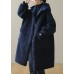 Women Blue Hooded Button Faux Fur Winter Coat