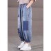 Loose Blue Elastic Waist Pockets Letter Print Cotton Denim Harem Pants Summer