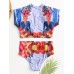 Women Tropical Leaves Print Swimsuit String Short Sleeve High Waist Bikini