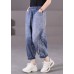 Plus Size Blue Elastic Waist Pockets Patchwork Applique Cotton Denim Harem Pants Summer