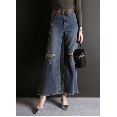 Fashion Blue High Waist Hole Pockets Cotton Denim Flare Pants Summer