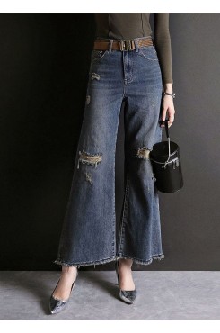 Fashion Blue High Waist Hole Pockets Cotton Denim Flare Pants Summer