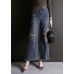 Fashion Blue High Waist Hole Pockets Cotton Denim Flare Pants Summer