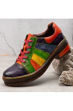  Casual Lace Up Rainbow Print Stitching Loafers Shoes Women’s Leather Comfy Flats