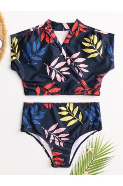Women Tropical Leaves Print Swimsuit String Short Sleeve High Waist Bikini