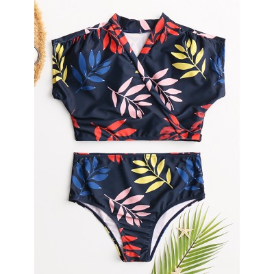 Women Tropical Leaves Print Swimsuit String Short Sleeve High Waist Bikini