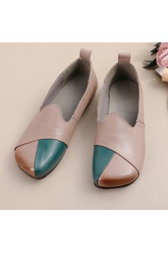 Women Casual Retro Colorblock Genuine Leather Soft Comfortable Lazy Flat Shoes