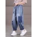 Loose Blue Elastic Waist Pockets Letter Print Cotton Denim Harem Pants Summer