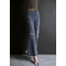 Fashion Blue High Waist Hole Pockets Cotton Denim Flare Pants Summer