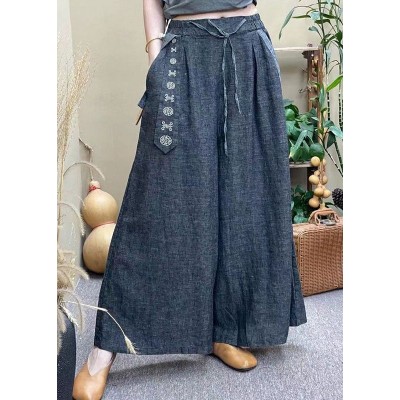 Casual Grey Elastic Waist Drawstring Pockets Linen Wide Leg Pants Summer