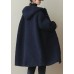 Women Blue Hooded Button Faux Fur Winter Coat