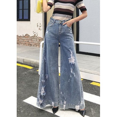 Chic Denim Blue High Waist Pockets Hole Cotton Wide Leg Pants Summer