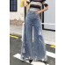 Chic Denim Blue High Waist Pockets Hole Cotton Wide Leg Pants Summer