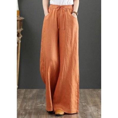 Orange Elastic Waist Linen Straight Pants Solid Color Drawstring Summer