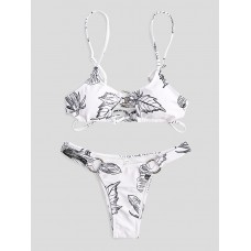 Women Simple Plant Print Hollow Ring Backless Swimsuit Thong Bikini For Swimming