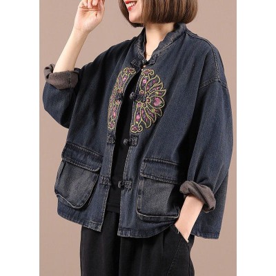 Boho Black Button Embroideried Pockets Fall Denim Jackets