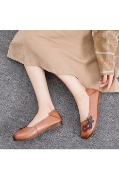 Women Vintage Floral Round Toe Genuine Leather Soft Sole Slip On Comfy Flats