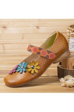 SOCOFY Flowers Decor Dot Printed Cowhide Leather Retro Ankle Strap Hook Loop Comfy Casual Flat Shoes