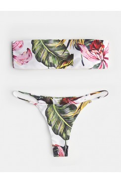 Women Tropical Print Bandeau Bikini Thong Backless Swimsuit