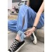 Fashion Light Blue Elastic Waist Side Open Drawstring Cotton Denim Pants Summer