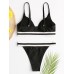 Women Striped Trim Spaghetti Straps Backless Bikini Thong Swimsuit