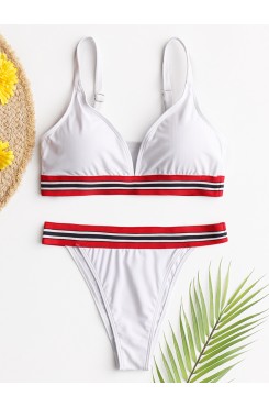 Women Striped Trim Spaghetti Straps Backless Bikini Thong Swimsuit
