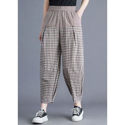 Casual Khaki Plaid Elastic Waist Patchwork Linen Harem Pants Summer