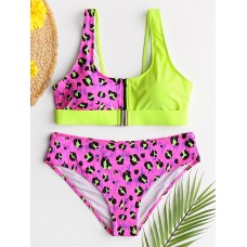 Women Leopard Patchwork Front Zipper Bikini Backless Swimwear