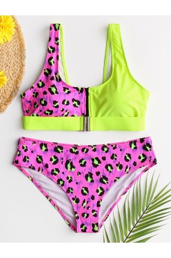 Women Leopard Patchwork Front Zipper Bikini Backless Swimwear