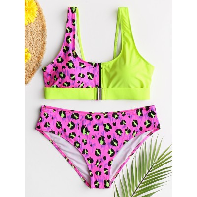 Women Leopard Patchwork Front Zipper Bikini Backless Swimwear