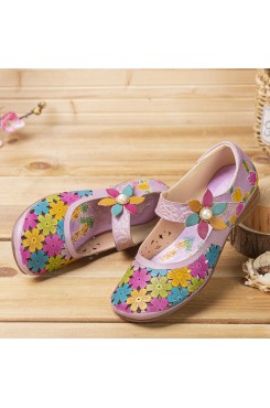 SOCOFY Natural Flowers Hollow Out Cowhide Leather Comfy Breathable Wearable Casual Flat Shoes