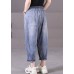 Plus Size Blue Elastic Waist Pockets Patchwork Applique Cotton Denim Harem Pants Summer