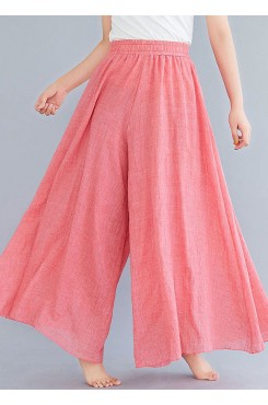 Pink Linen Wide Leg Pants High Waist Wrinkled Summer