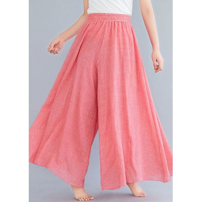 Pink Linen Wide Leg Pants High Waist Wrinkled Summer