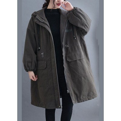 Organic Grey Hooded Zippered Pockets Winter Long sleeve Coat