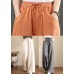 Orange Elastic Waist Linen Straight Pants Solid Color Drawstring Summer