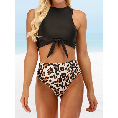 Women Leopard Print Tie Front High Neck Hot High Waist Bikini