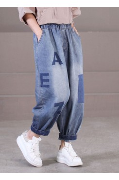 Loose Blue Elastic Waist Pockets Letter Print Cotton Denim Harem Pants Summer