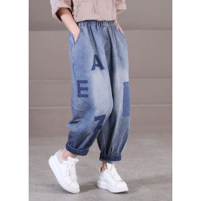 Loose Blue Elastic Waist Pockets Letter Print Cotton Denim Harem Pants Summer