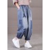 Loose Blue Elastic Waist Pockets Letter Print Cotton Denim Harem Pants Summer