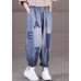 Loose Blue Elastic Waist Pockets Letter Print Cotton Denim Harem Pants Summer