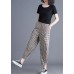 Casual Khaki Plaid Elastic Waist Patchwork Linen Harem Pants Summer